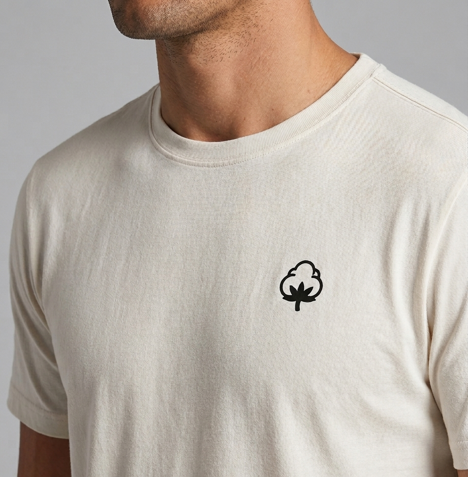 Beige t-shirt with a black logo on a plain background